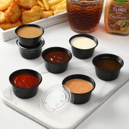200-2 oz Black Jello Shot Cups, Portion Cups, Small Plastic Containers with Lids, Airtight Souffle Cups, Salad Dressing Container, Sauce Cups, Condiment Cups for Lunch, Party to Go, Trips.