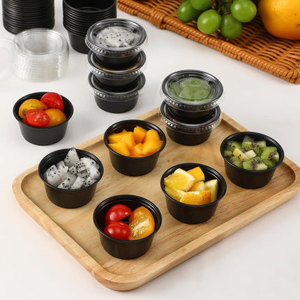 200-2 oz Black Jello Shot Cups, Portion Cups, Small Plastic Containers with Lids, Airtight Souffle Cups, Salad Dressing Container, Sauce Cups, Condiment Cups for Lunch, Party to Go, Trips.