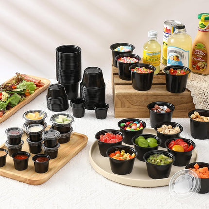 200-2 oz Black Jello Shot Cups, Portion Cups, Small Plastic Containers with Lids, Airtight Souffle Cups, Salad Dressing Container, Sauce Cups, Condiment Cups for Lunch, Party to Go, Trips.