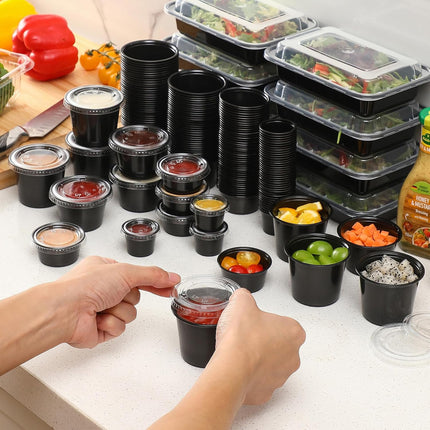 200-2 oz Black Jello Shot Cups, Portion Cups, Small Plastic Containers with Lids, Airtight Souffle Cups, Salad Dressing Container, Sauce Cups, Condiment Cups for Lunch, Party to Go, Trips.