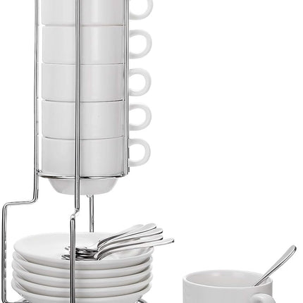 Espresso Cups and Saucers with Spoons, Stand Rack, 19-piece Porcelain Stackable Mugs, 2.5-Ounce Demitasse Cups for Latte, Cafe Mocha.