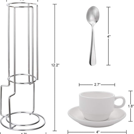 Espresso Cups and Saucers with Spoons, Stand Rack, 19-piece Porcelain Stackable Mugs, 2.5-Ounce Demitasse Cups for Latte, Cafe Mocha.