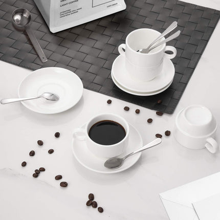Espresso Cups and Saucers with Spoons, Stand Rack, 19-piece Porcelain Stackable Mugs, 2.5-Ounce Demitasse Cups for Latte, Cafe Mocha.