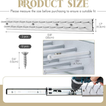 2 Pcs 13.8'' Sliding Tie Rack Hangers for Closet, 25(Total 50) Tie Pull Out Wall Mounted Extending Sturdy Metal Belt Organizer Holder for Men Belt Storage, Sliver.