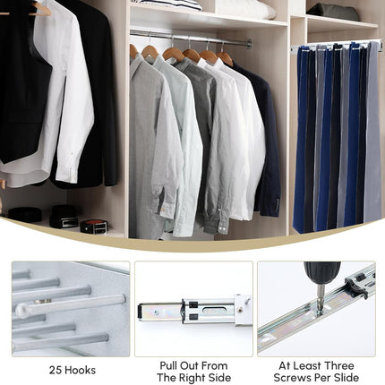 2 Pcs 13.8'' Sliding Tie Rack Hangers for Closet, 25(Total 50) Tie Pull Out Wall Mounted Extending Sturdy Metal Belt Organizer Holder for Men Belt Storage, Sliver.