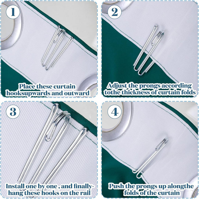 Pleat Hooks Stainless Steel Curtain Hooks Drapery Clasp and Pin 4 Prongs Pinch Pleat Tools Clips for Window, Shower Curtain(60 Pcs).