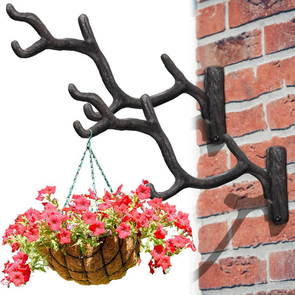 2 Pcs 11'' Cast Iron Tree Branch Plant Hangers Decorative Metal Wall Bracket Hooks Wall Heavy Duty Home Storage Rack for Hanging Plants Pot Basket Lantern Wind Chimes Outdoor Indoor (Rust Brown).
