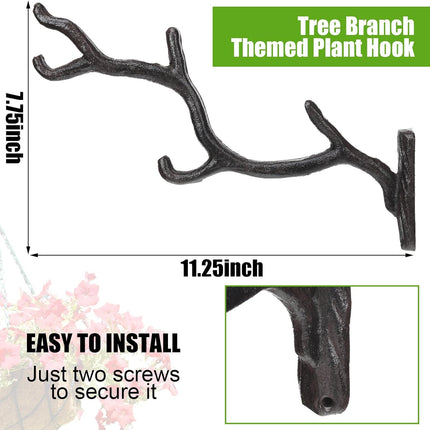 2 Pcs 11'' Cast Iron Tree Branch Plant Hangers Decorative Metal Wall Bracket Hooks Wall Heavy Duty Home Storage Rack for Hanging Plants Pot Basket Lantern Wind Chimes Outdoor Indoor (Rust Brown).