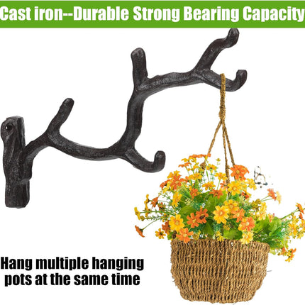 2 Pcs 11'' Cast Iron Tree Branch Plant Hangers Decorative Metal Wall Bracket Hooks Wall Heavy Duty Home Storage Rack for Hanging Plants Pot Basket Lantern Wind Chimes Outdoor Indoor (Rust Brown).