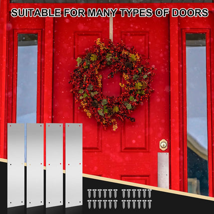 4 Pcs Stainless Steel Door Protection Push Plate with Screws, Brushed Metal Door Kick Plates for Interior & Exterior Doors, Anti-Scratch, 16 Inch, for Home & Commercial Use.
