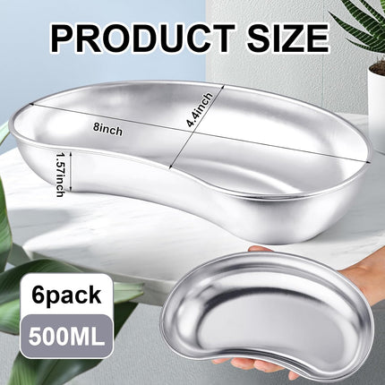 6 Pcs Stainless Steel Kidney Tray 8'' Medium Kidney Shaped Emesis Basin Surgical Medical Tray pan Bowls Reusable Metal Dish Dental Lab Instruments Bathroom Soiled Dressings Medic Waster.