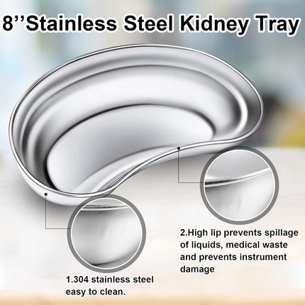 6 Pcs Stainless Steel Kidney Tray 8'' Medium Kidney Shaped Emesis Basin Surgical Medical Tray pan Bowls Reusable Metal Dish Dental Lab Instruments Bathroom Soiled Dressings Medic Waster.