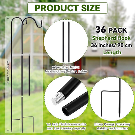 36 Pieces Outdoor Shepherds Hook 36" Tall 1/3" Thick Rust Resistant Adjustable Metal Garden Hook for Hanging Plants Bird Feeders Lantern Hangers Flower Basket Christmas Lights Weddings, Black.
