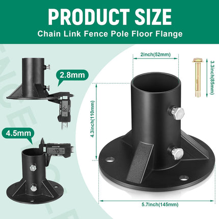 2 Pack Chain Link Fence Post 2'' Floor Flange Heavy Duty Round Post Base Bracket (od 1-7/8'') Fits Fence Mailbox Railing Deck Flag Column Stair Handrail with Expansion Bolts and Screws.