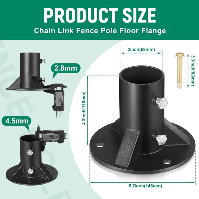 2 Pack Chain Link Fence Post 2'' Floor Flange Heavy Duty Round Post Base Bracket (od 1-7/8'') Fits Fence Mailbox Railing Deck Flag Column Stair Handrail with Expansion Bolts and Screws.