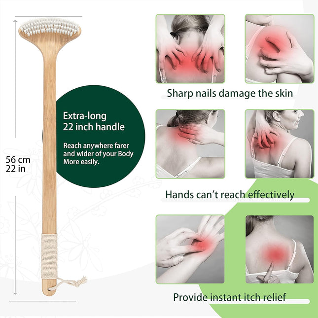Bamboo Back Scratcher, 22'' Extra Long Curved Handle Reach Back Easily, Wide Brush Head Soft Bristles for Instant Itch Relief, Wet or Dry Use for Shower, Easy to Grip for Men/Women/Elderly.