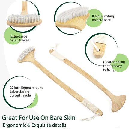 Bamboo Back Scratcher, 22'' Extra Long Curved Handle Reach Back Easily, Wide Brush Head Soft Bristles for Instant Itch Relief, Wet or Dry Use for Shower, Easy to Grip for Men/Women/Elderly.