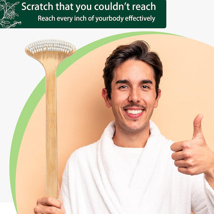 Bamboo Back Scratcher, 22'' Extra Long Curved Handle Reach Back Easily, Wide Brush Head Soft Bristles for Instant Itch Relief, Wet or Dry Use for Shower, Easy to Grip for Men/Women/Elderly.