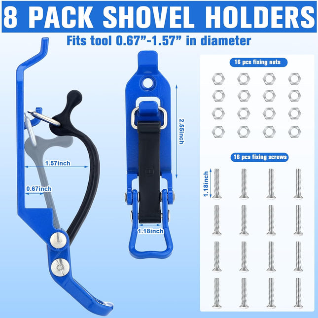 8 Pcs Shovel Holder, Heavy Duty Shovel Mounts for Roof Rack, Quick Release Axe Holder Mount Kit, Metal and Rubber Car Accessories Garage Storage Wall Mounting Brackets Truck.