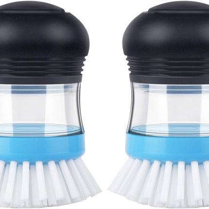 Soap Dispensing Palm Brush, Kitchen Brush for Dish Pot Pan Sink Cleaning, Pack of 2, Navy/Blue.