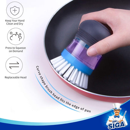 Soap Dispensing Palm Brush, Kitchen Brush for Dish Pot Pan Sink Cleaning, Pack of 2, Navy/Blue.