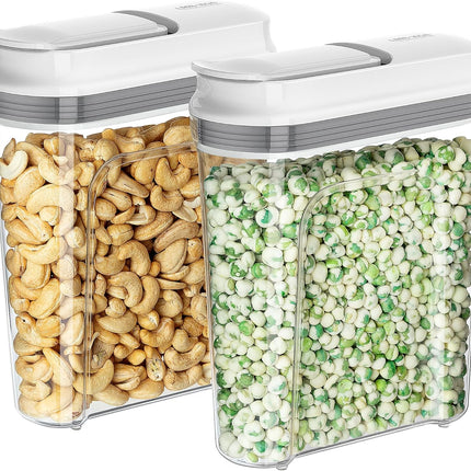 Airtight Cereal Dispenser Set, Storage Containers for Dry Goods, Nuts, Beans, Snacks, BPA Free, 1.6 L / 1.69 Qt, Medium, Clear, 2 Pack.