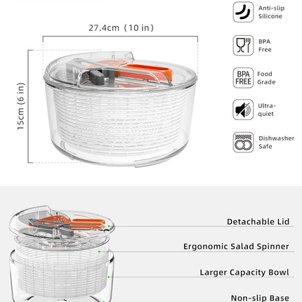 Large Salad Spinner, Fruit Washing Bowl with Strainer, Salad Dryer for Washing, Spinning, and Draining Greens, Fruits, and Vegetables.