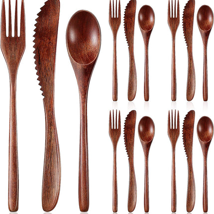12 Pcs Wooden Utensils for Eating Wooden Spoon Fork Knife Cutlery Set Kitchen Wood Dinner Flatware Tableware Set Includes Spoon, Fork, Knife.