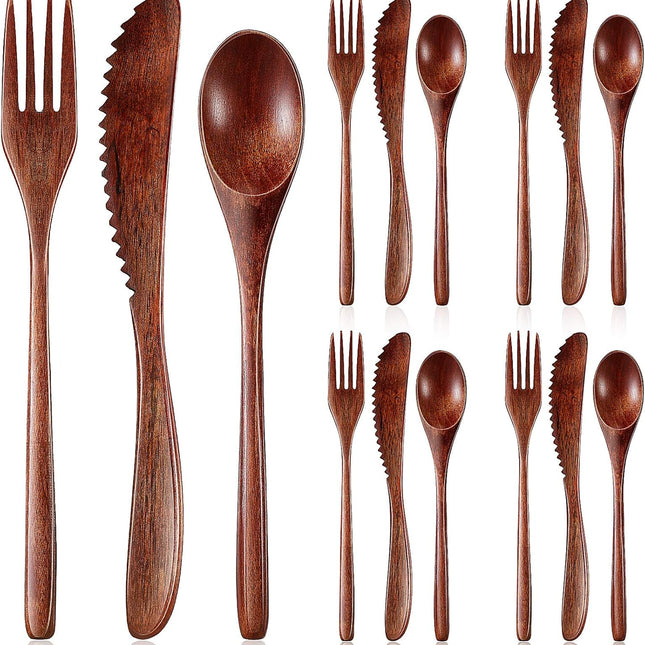 12 Pcs Wooden Utensils for Eating Wooden Spoon Fork Knife Cutlery Set Kitchen Wood Dinner Flatware Tableware Set Includes Spoon, Fork, Knife.