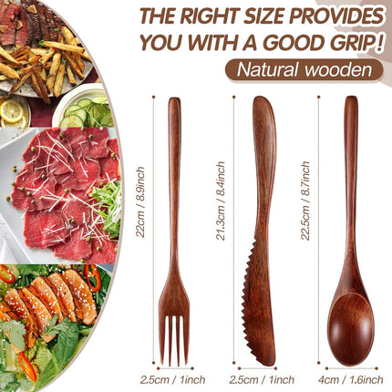 12 Pcs Wooden Utensils for Eating Wooden Spoon Fork Knife Cutlery Set Kitchen Wood Dinner Flatware Tableware Set Includes Spoon, Fork, Knife.