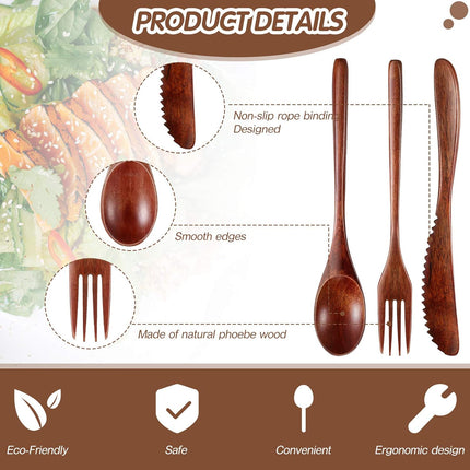12 Pcs Wooden Utensils for Eating Wooden Spoon Fork Knife Cutlery Set Kitchen Wood Dinner Flatware Tableware Set Includes Spoon, Fork, Knife.
