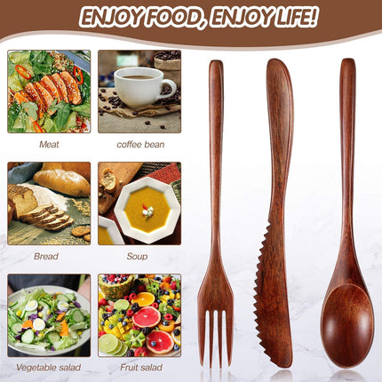 12 Pcs Wooden Utensils for Eating Wooden Spoon Fork Knife Cutlery Set Kitchen Wood Dinner Flatware Tableware Set Includes Spoon, Fork, Knife.