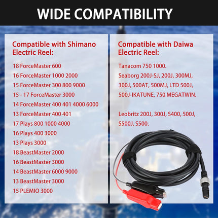 Electric Fishing Reel Power Cord - 10Ft Battery Connection Cable Fits for Daiwa Tanacom 1000 750 500, Seaborg 500MJ, Shimano, BeastMaster, Leobritz, ForceMaster.
