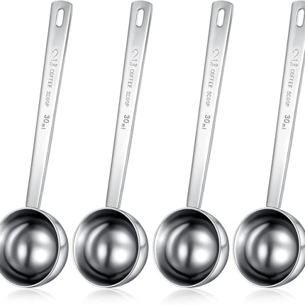 4 Pieces 2 Tablespoon Scoops with Long Handle, 30 ml Stainless Steel Measuring Spoon for Coffee Milk Fruit Powder, Loose Tea Dry, Spice Jar, Cooking Baking, and Other Dry Goods.