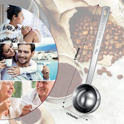 4 Pieces 2 Tablespoon Scoops with Long Handle, 30 ml Stainless Steel Measuring Spoon for Coffee Milk Fruit Powder, Loose Tea Dry, Spice Jar, Cooking Baking, and Other Dry Goods.