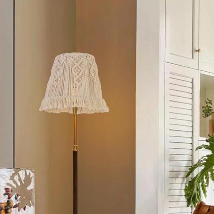 White-Ivory Boho Woven Lamp Shade Bell Tassels Lampshade 7.5``Top x 12``Bottom x 11``High(Spider) Medium Handmade Lamp Shades for Table & Bedside Lamp - Easy Assemble.