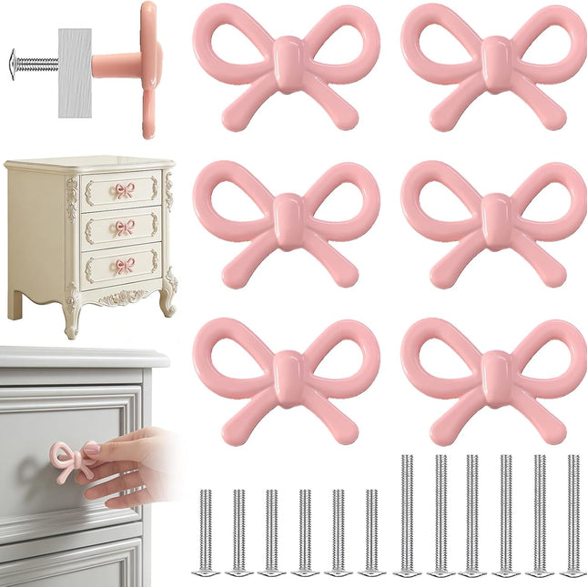 6 Pack Enchanting Bow Drawer Knobs Durable Zinc Alloy Cabinet Knobs Lovely Bow Tie Drawer Handles Romantic Bow Tie Handles for Girls Room Bedroom Kitchen Nursery & Living Room (Pink-6pcs).