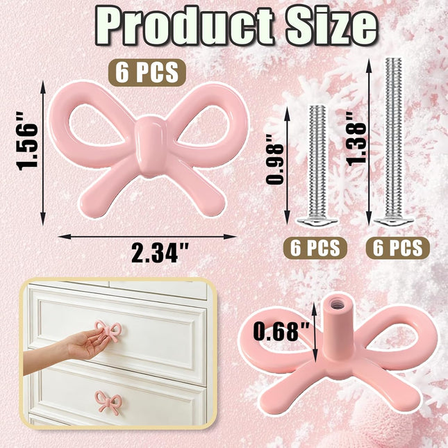 6 Pack Enchanting Bow Drawer Knobs Durable Zinc Alloy Cabinet Knobs Lovely Bow Tie Drawer Handles Romantic Bow Tie Handles for Girls Room Bedroom Kitchen Nursery & Living Room (Pink-6pcs).