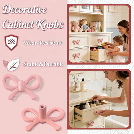 6 Pack Enchanting Bow Drawer Knobs Durable Zinc Alloy Cabinet Knobs Lovely Bow Tie Drawer Handles Romantic Bow Tie Handles for Girls Room Bedroom Kitchen Nursery & Living Room (Pink-6pcs).