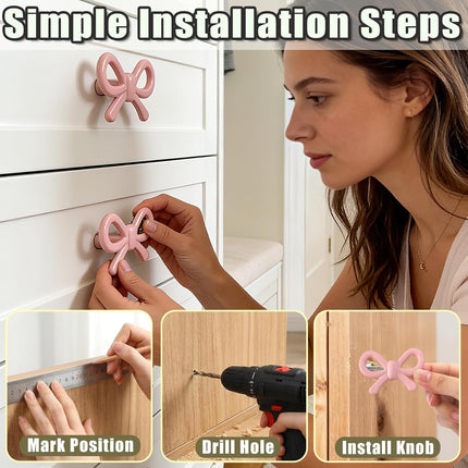 6 Pack Enchanting Bow Drawer Knobs Durable Zinc Alloy Cabinet Knobs Lovely Bow Tie Drawer Handles Romantic Bow Tie Handles for Girls Room Bedroom Kitchen Nursery & Living Room (Pink-6pcs).