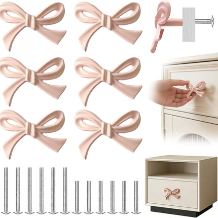 6-Pack Bow Shaped Dresser Knobs Elegant Bow Drawer Pulls Zinc Alloy Solid Bow Tie Cabinet Hardware Pulls Decorative Handles for Drawers Storage Cabinets Dresser Bookcases (Pink-6Pcs).