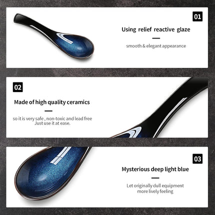4 Pieces Asian Ceramic Soup Spoons Set Long Handle Chinese Spoons Retro Blue Japanese Ramen Bowl Soup Spoon Suitable for Gravy, Cake, Oatmeal, Dumplings.