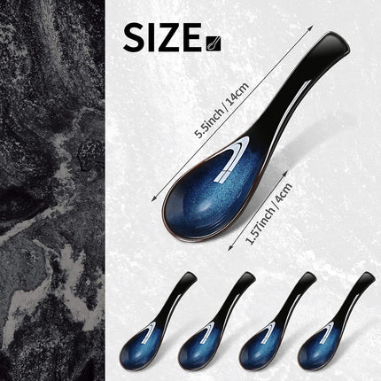 4 Pieces Asian Ceramic Soup Spoons Set Long Handle Chinese Spoons Retro Blue Japanese Ramen Bowl Soup Spoon Suitable for Gravy, Cake, Oatmeal, Dumplings.
