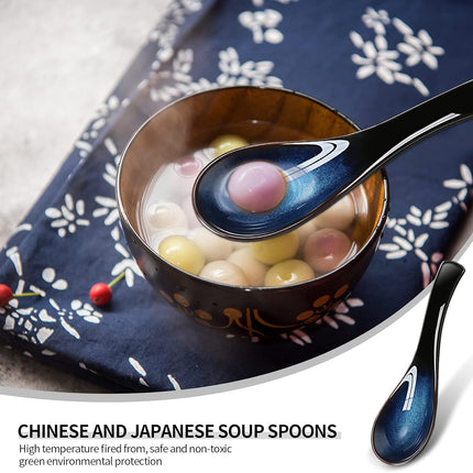 4 Pieces Asian Ceramic Soup Spoons Set Long Handle Chinese Spoons Retro Blue Japanese Ramen Bowl Soup Spoon Suitable for Gravy, Cake, Oatmeal, Dumplings.
