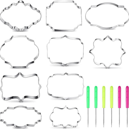 10 Pieces Plaque Frame Cookie Cutter Stainless Steel Biscuit Cutter Fondant Cake Decorating Tools and 6 Pieces Sugar Stirring Pins for Kitchen Baking.