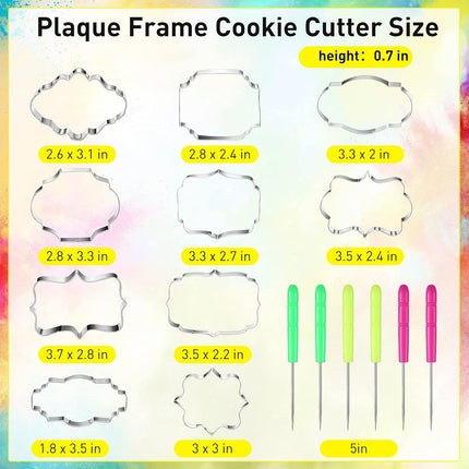10 Pieces Plaque Frame Cookie Cutter Stainless Steel Biscuit Cutter Fondant Cake Decorating Tools and 6 Pieces Sugar Stirring Pins for Kitchen Baking.
