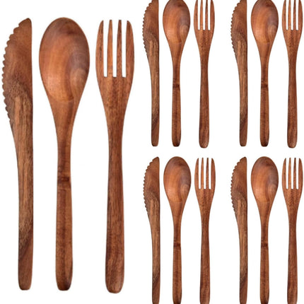 12 Pcs Wooden Utensils for Eating Set Wooden Spoon Fork Knife Cutlery Set Kitchen Wood Utensils Dinner Flatware Tableware (Teak Wood).