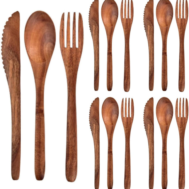 12 Pcs Wooden Utensils for Eating Set Wooden Spoon Fork Knife Cutlery Set Kitchen Wood Utensils Dinner Flatware Tableware (Teak Wood).