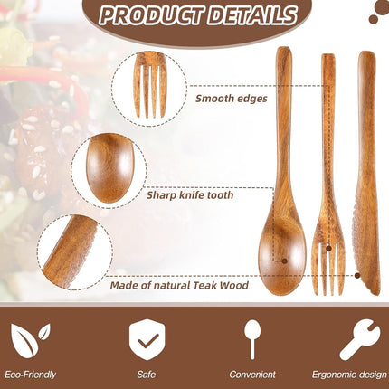 12 Pcs Wooden Utensils for Eating Set Wooden Spoon Fork Knife Cutlery Set Kitchen Wood Utensils Dinner Flatware Tableware (Teak Wood).