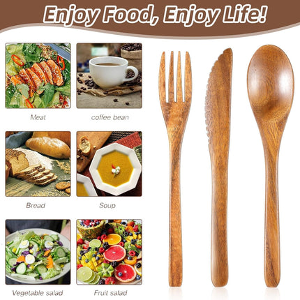 12 Pcs Wooden Utensils for Eating Set Wooden Spoon Fork Knife Cutlery Set Kitchen Wood Utensils Dinner Flatware Tableware (Teak Wood).